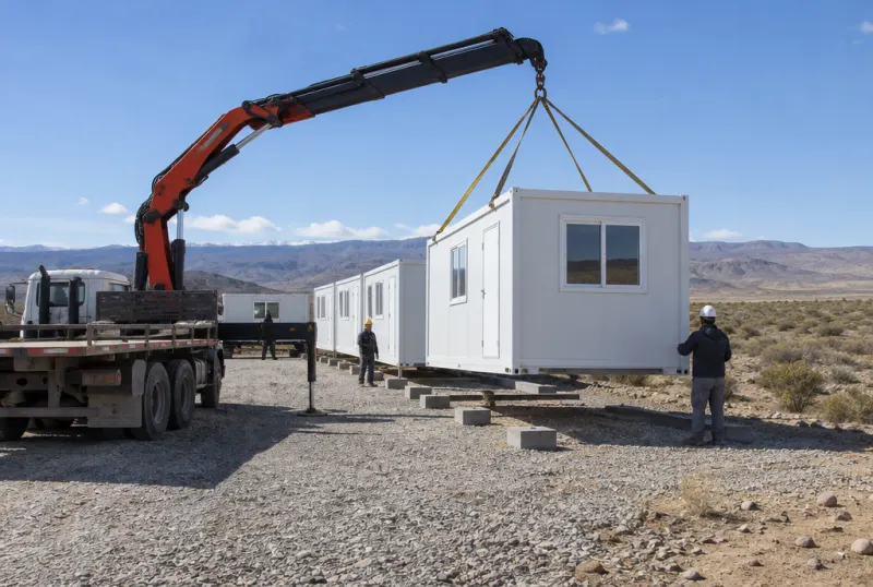 Hidrogrúa posicionando un módulo en una base de Neuquén