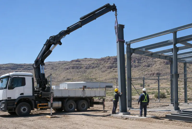 Hidrogrúa montando la estructura de un galpón en Neuquén