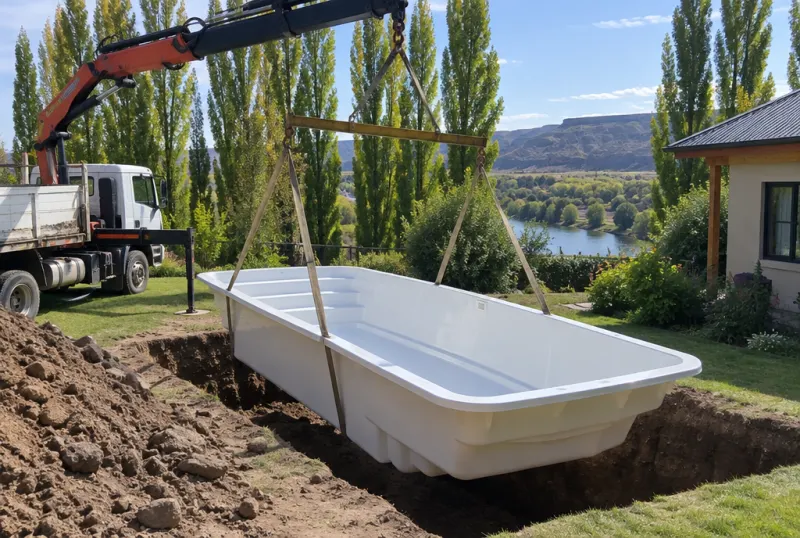 Hidrogrúa bajando una pileta de fibra en un patio de Neuquén